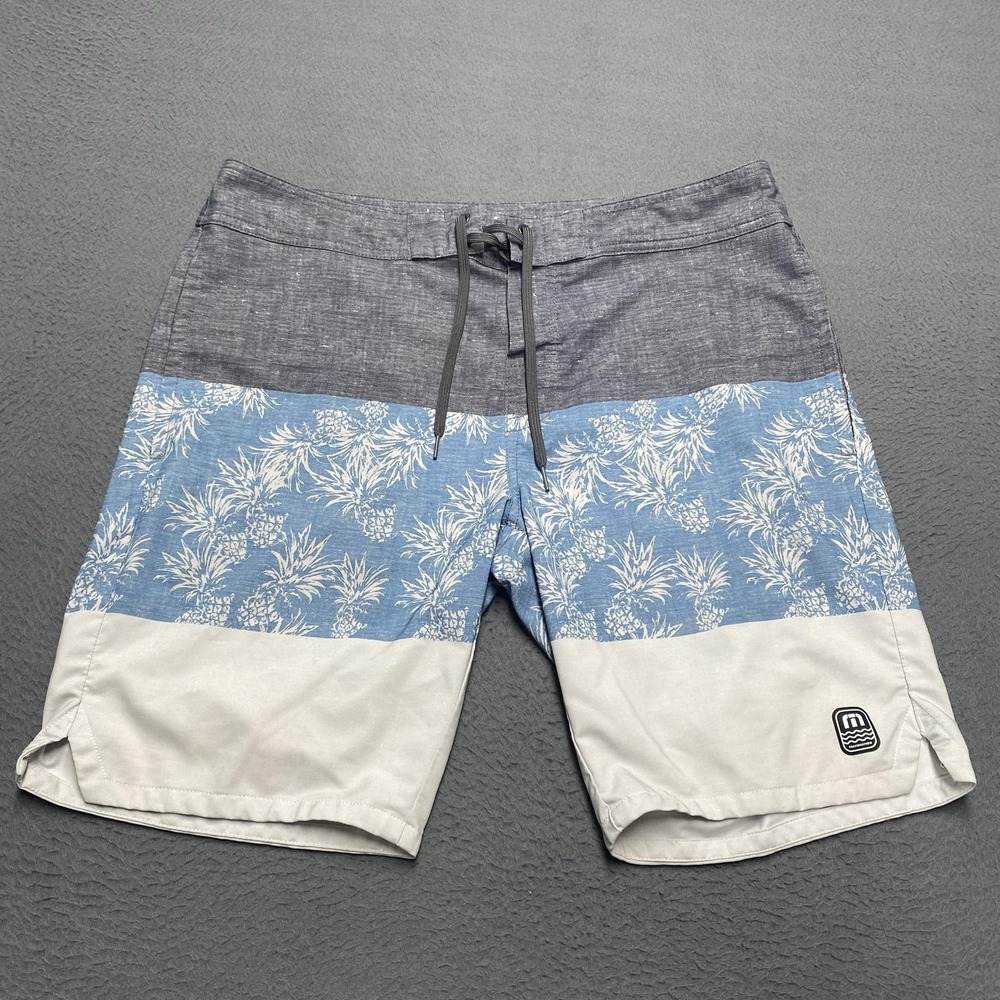 TravisMathew Swim Board Shorts Mens 38 Blue Floral Colorblock Drawstring Logo